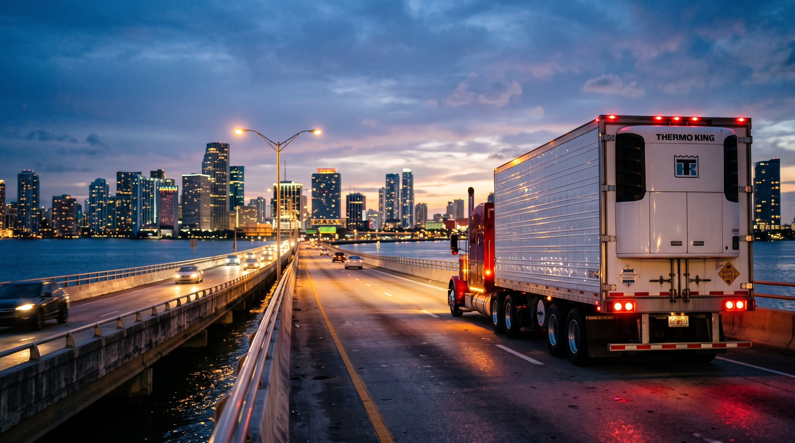 Reefer semi truck on a Florida highway supported by mobile truck repair near me